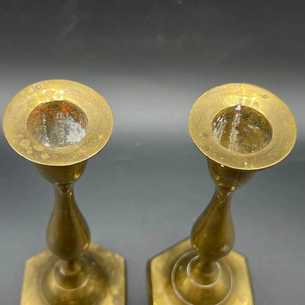 Landmark Designs Vintage Brass Candlestick Holders Set of 2 Hexagon Base India